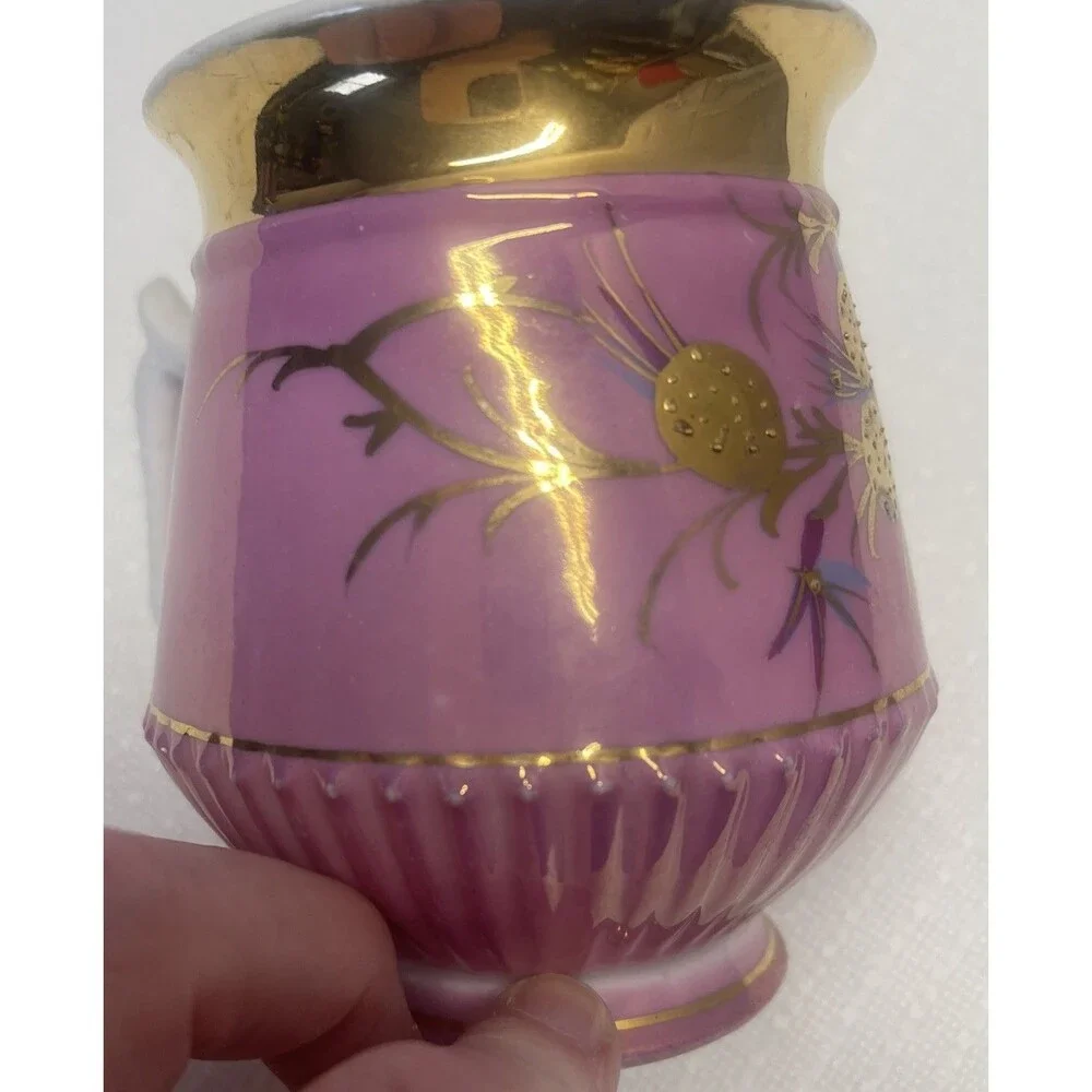 VINTAGE PORCELAIN Coffee Tea Cup Hand Painted Gold Pink Purple Blue STUNNING